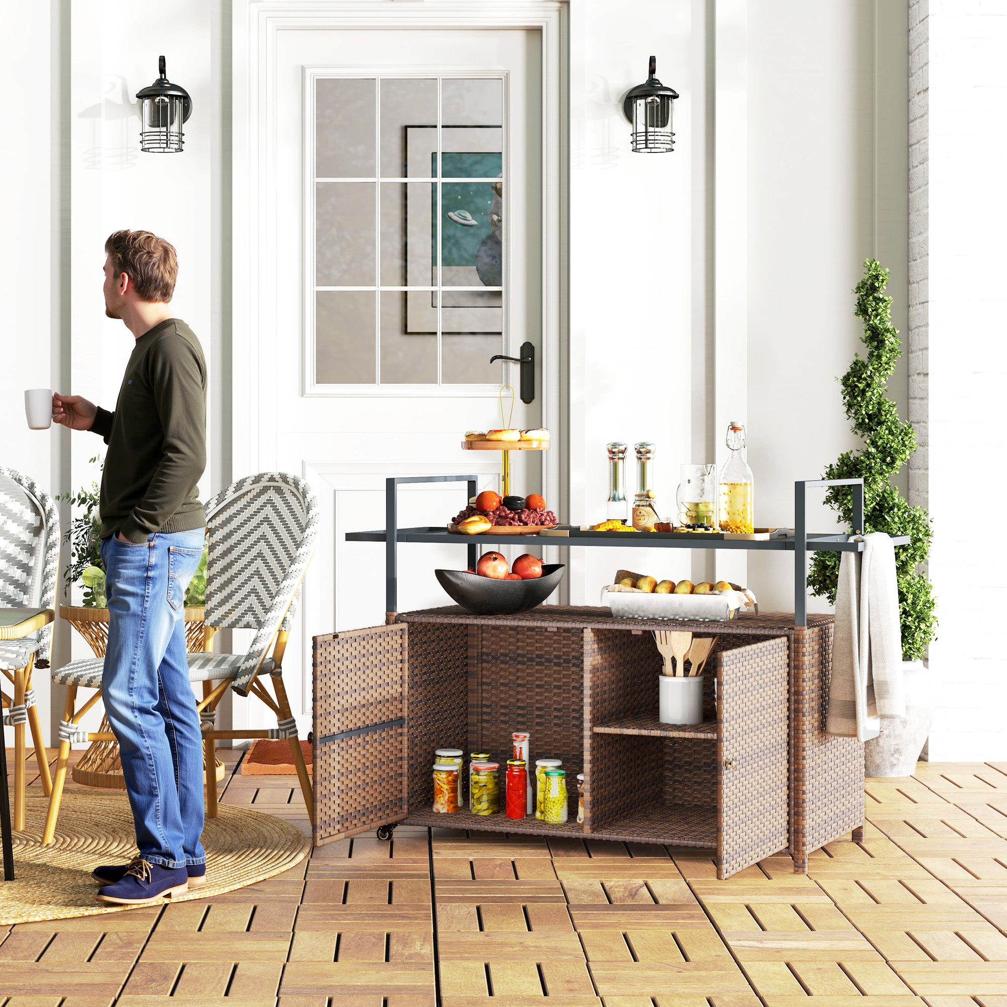 2-Tier Shelf PE Rattan Outdoor Bar Table, Glass Top Outdoor Serving Cart with Cabinet