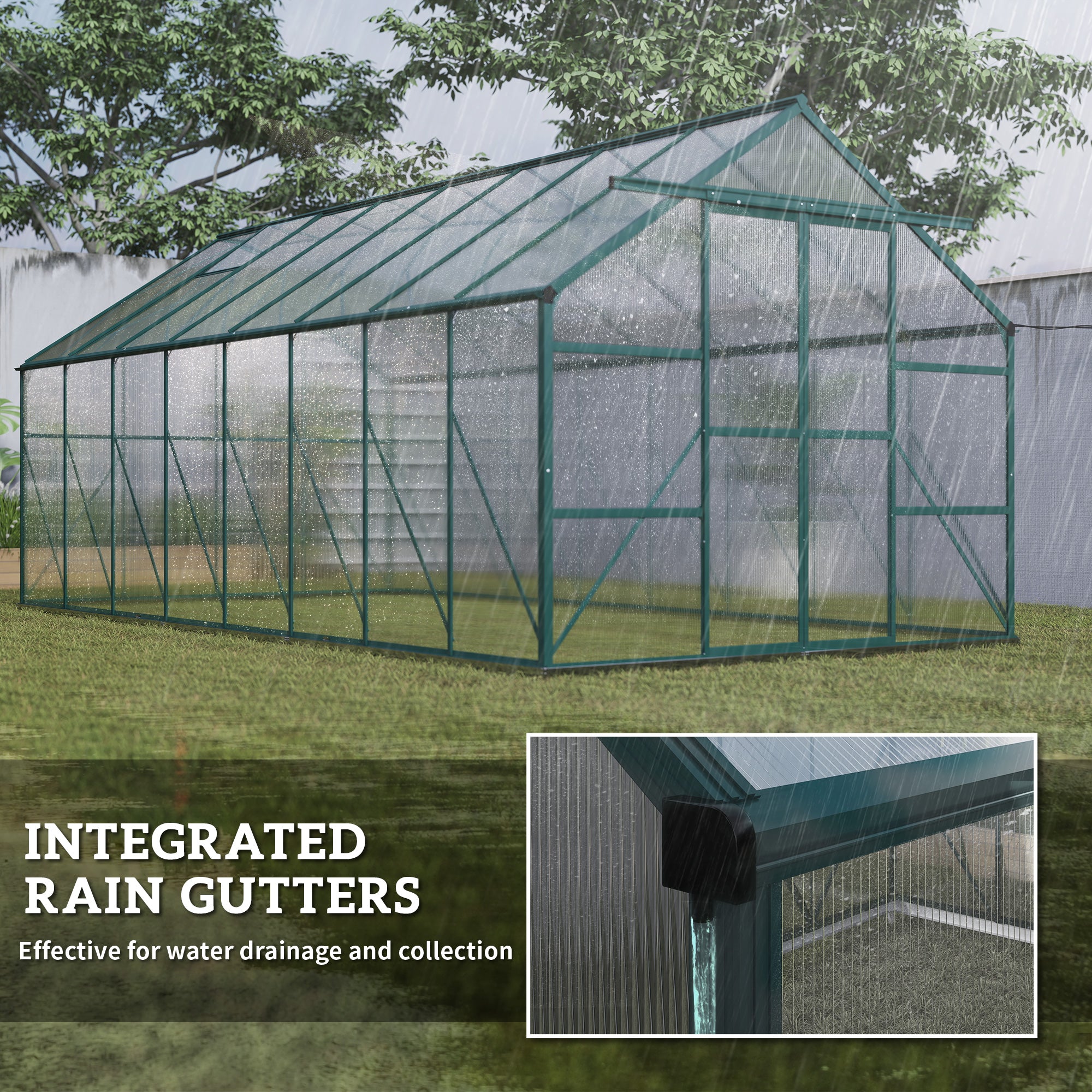 16' x 8' Aluminum Greenhouse Polycarbonate Walk-in Garden Greenhouse Kit with Adjustable Roof Vent, Rain Gutter and Sliding Door for Winter, Clear