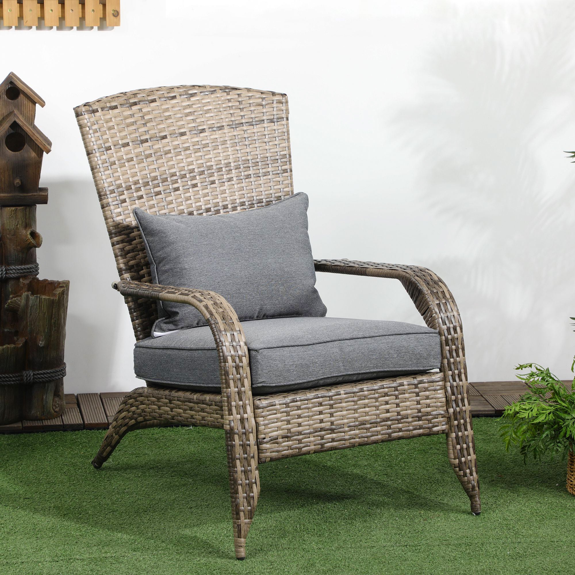 Patio Wicker Adirondack Chair, Outdoor All-Weather Rattan Fire Pit Chair w/ Soft Cushions, Tall Curved Backrest and Comfortable Armrests for Deck or Garden, Mixed Tan/Dark Gray