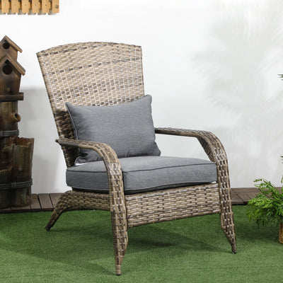 Patio Wicker Adirondack Chair, Outdoor All-Weather Rattan Fire Pit Chair w/ Soft Cushions, Tall Curved Backrest and Comfortable Armrests for Deck or Garden, Mixed Tan/Dark Gray