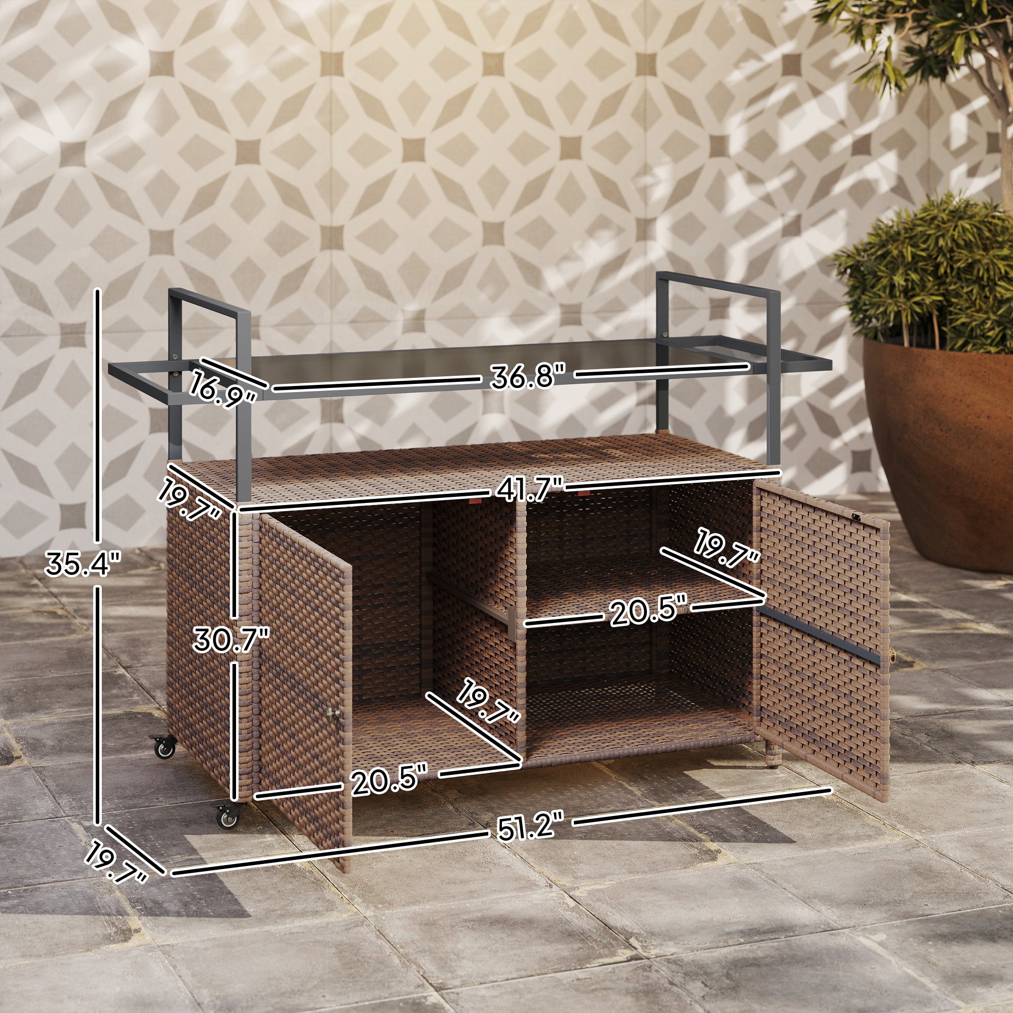 2-Tier Shelf PE Rattan Outdoor Bar Table, Glass Top Outdoor Serving Cart with Cabinet