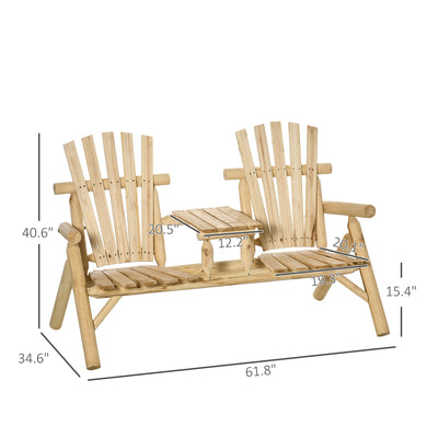 2-Seat Wooden Adirondack Chair, Patio Bench with Table, Outdoor Loveseat Fire Pit Chair for Porch, Backyard, Deck