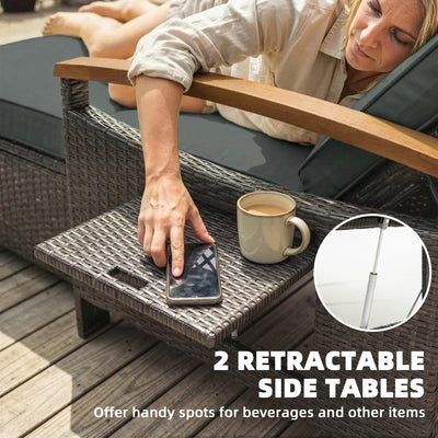 Rattan Outdoor Daybed w/4-Level Adjustable Backrest, Patio Sofa Bed w/Storage Ottoman, Acacia Wood Armrest