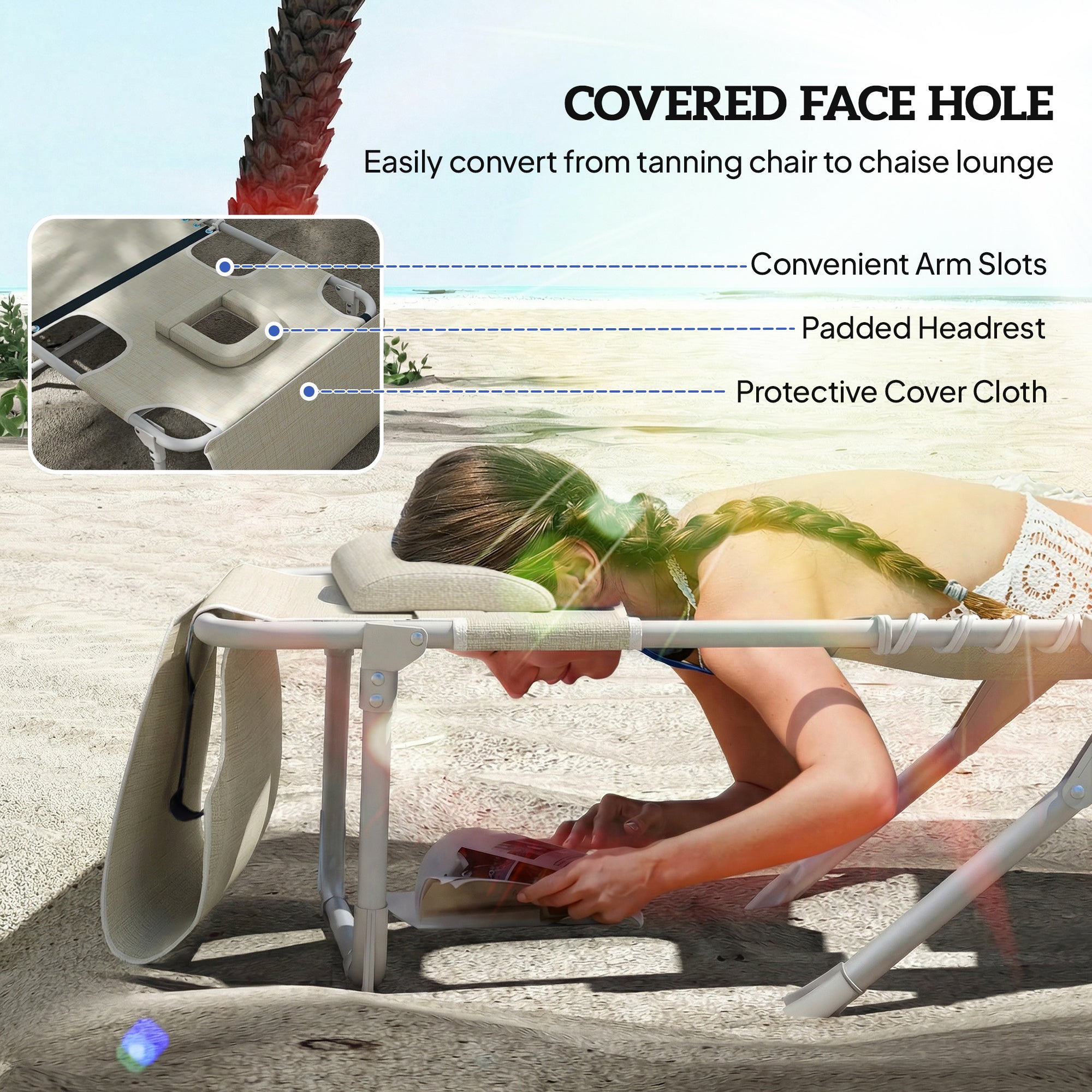 Tanning Chair with Face Hole and Side Table, 5-Position Folding Outdoor Chaise Lounge Chair