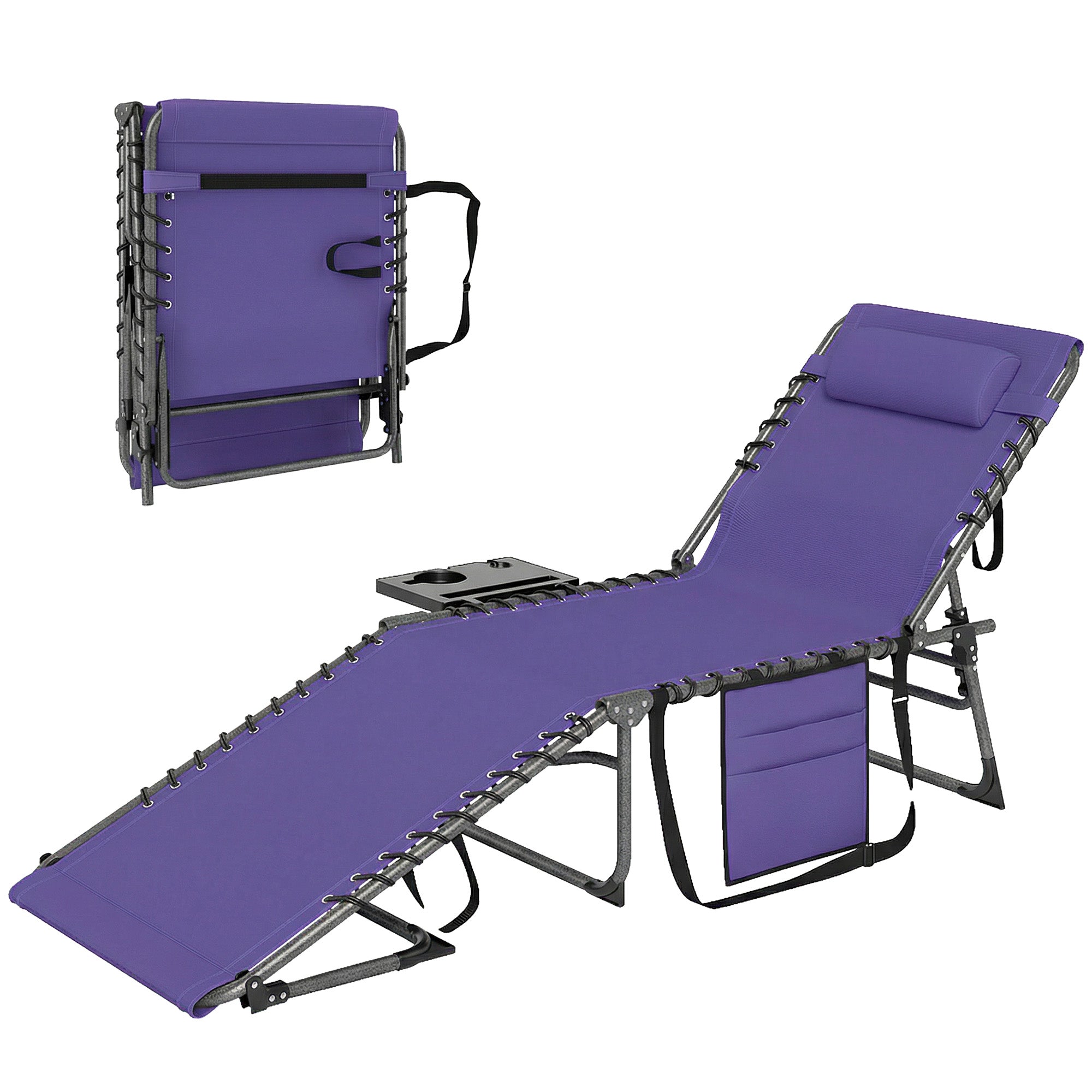 Folding Outdoor Chaise Lounge Chair Tanning Chair with 5-Level Adjustable Back, Side Table, Pillow, Pocket