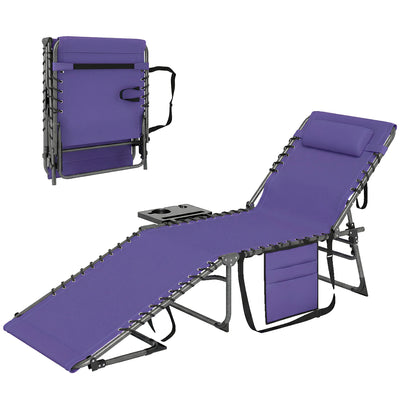 Folding Outdoor Chaise Lounge Chair Tanning Chair with 5-Level Adjustable Back, Side Table, Pillow, Pocket