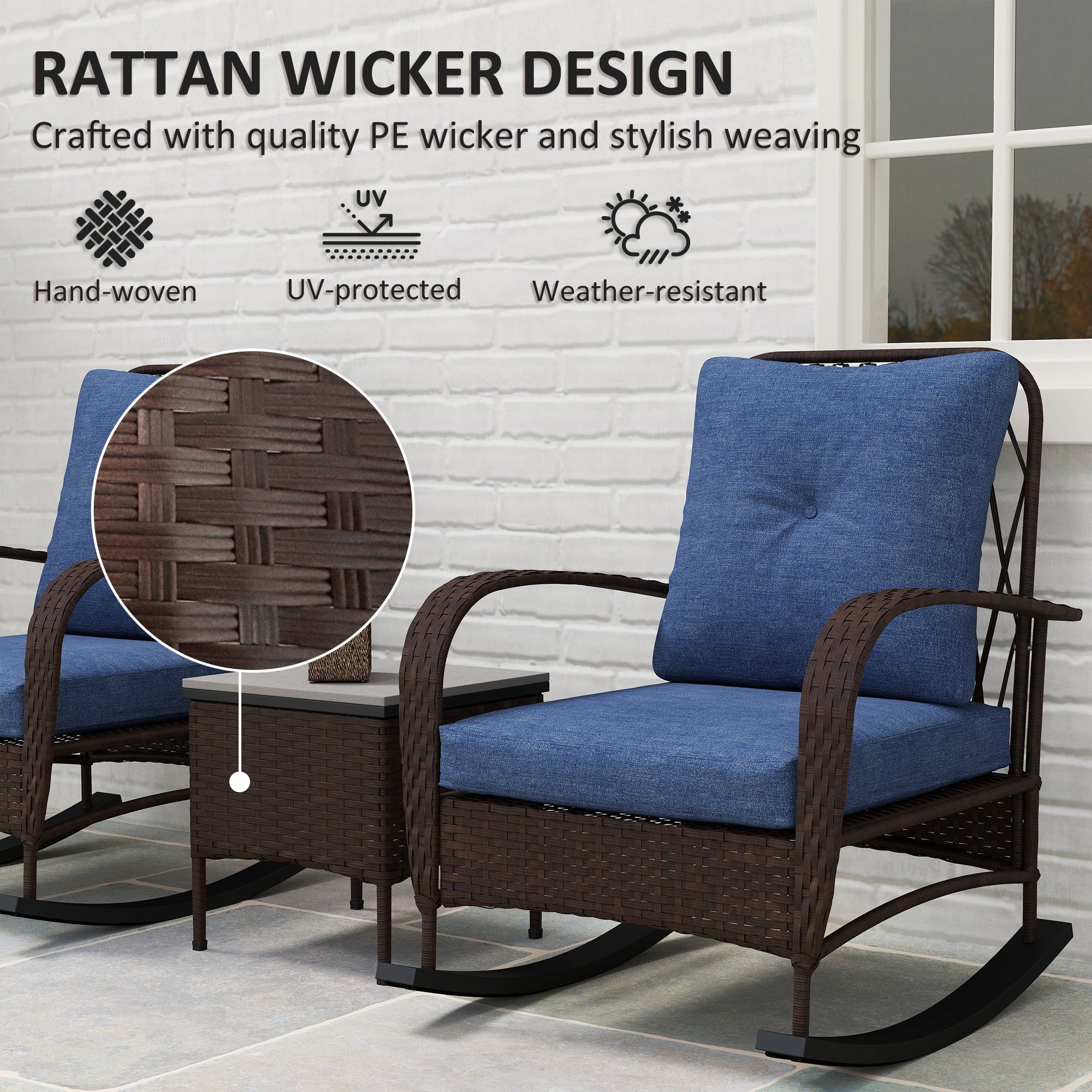 3 Piece Wicker Patio Furniture Set, Outdoor PE Rattan Rocking Chairs with Coffee Table, Cushions for Porch