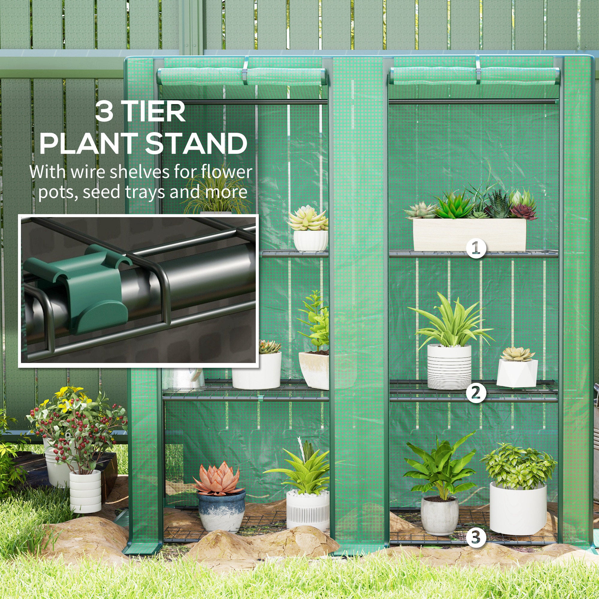 Lean-to Greenhouse with 3 Tier Shelves, Portable Greenhouse with PE Cover, 2 Roll-Up Doors, 56.7" x 18.9" x 59.8", Green