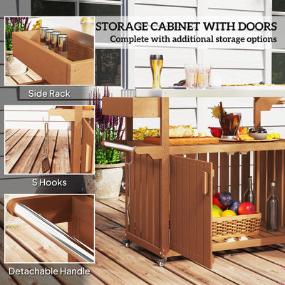 Outdoor Bar Cart with Storage, Stainless Steel Outdoor Bar Table Top, Wheeled HDPE Kitchen Island for Food Prep