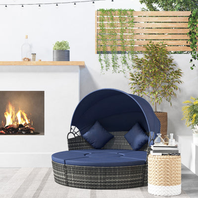 4-Piece Round Convertible Daybed with Cushions, Outdoor PE Rattan Patio Wicker Sofa Set, Sunbed with Adjustable Sun Canopy, Sectional Sofa, 2 Chairs, Table, 3 Pillows