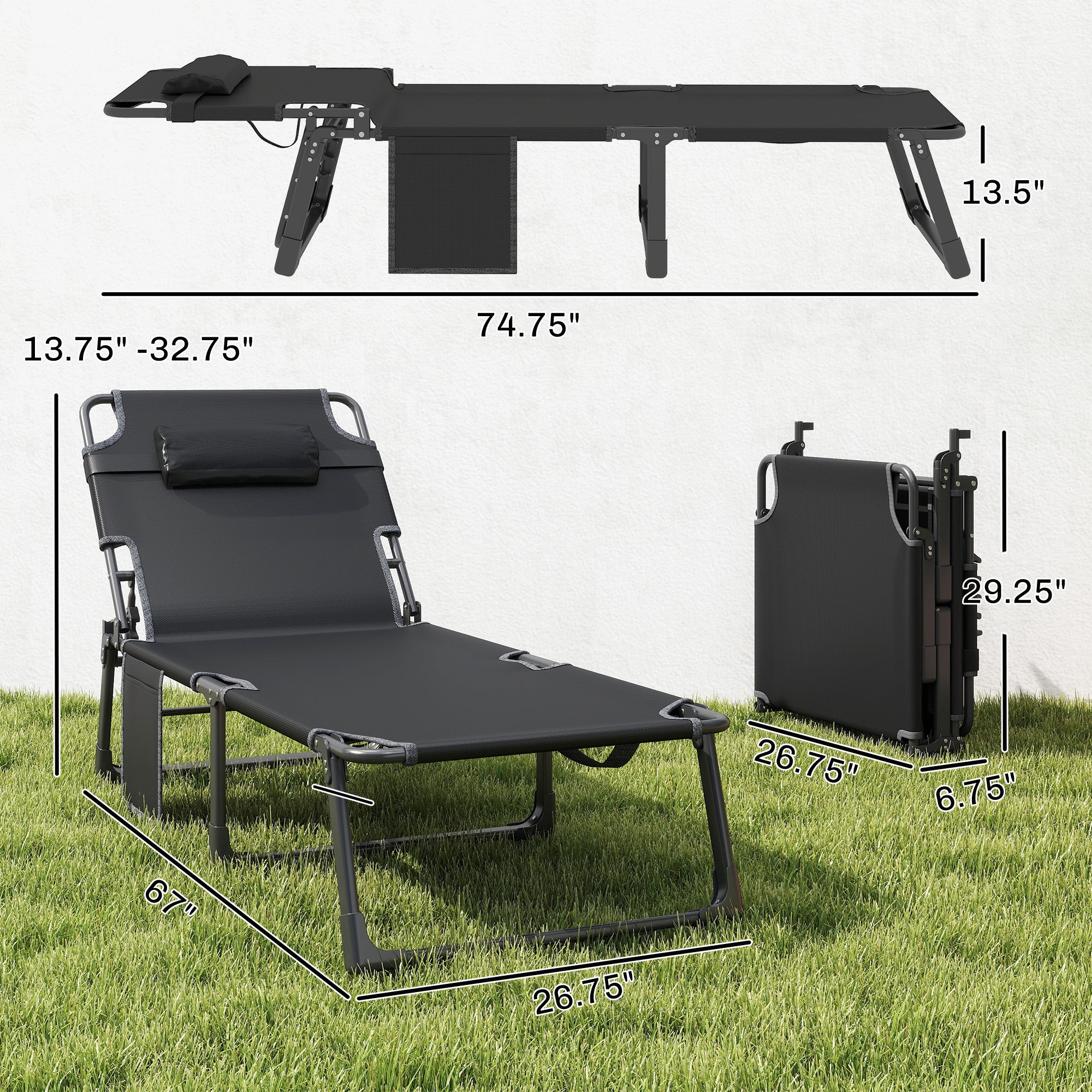 Folding Chaise Lounge Chair Outdoor Tanning Chair with 5-Position Backrest, Cushion, Side Pocket