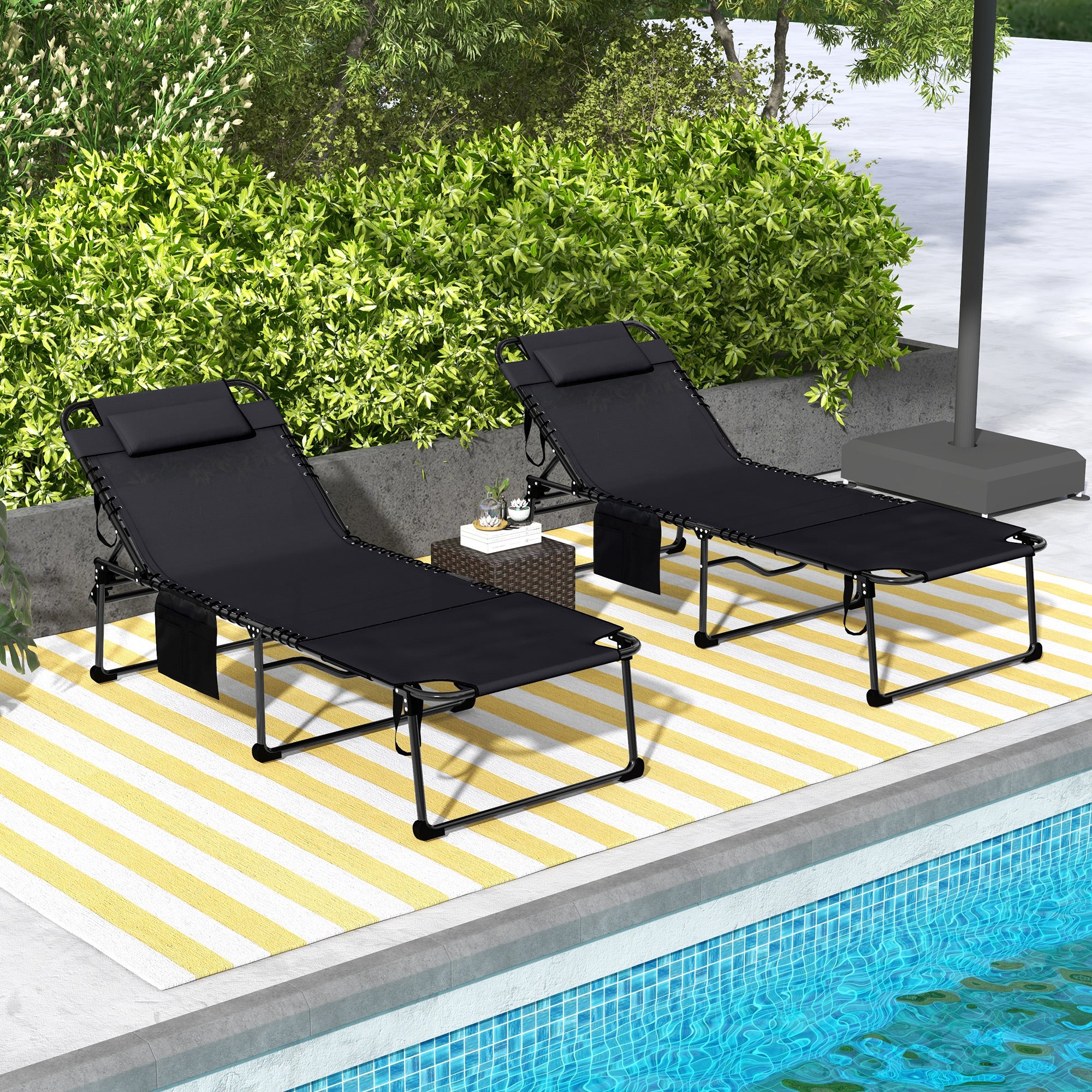 2 Piece Folding Chaise Lounge Pool Chairs with 5-level Reclining Back, Reading Hole, Side Pocket