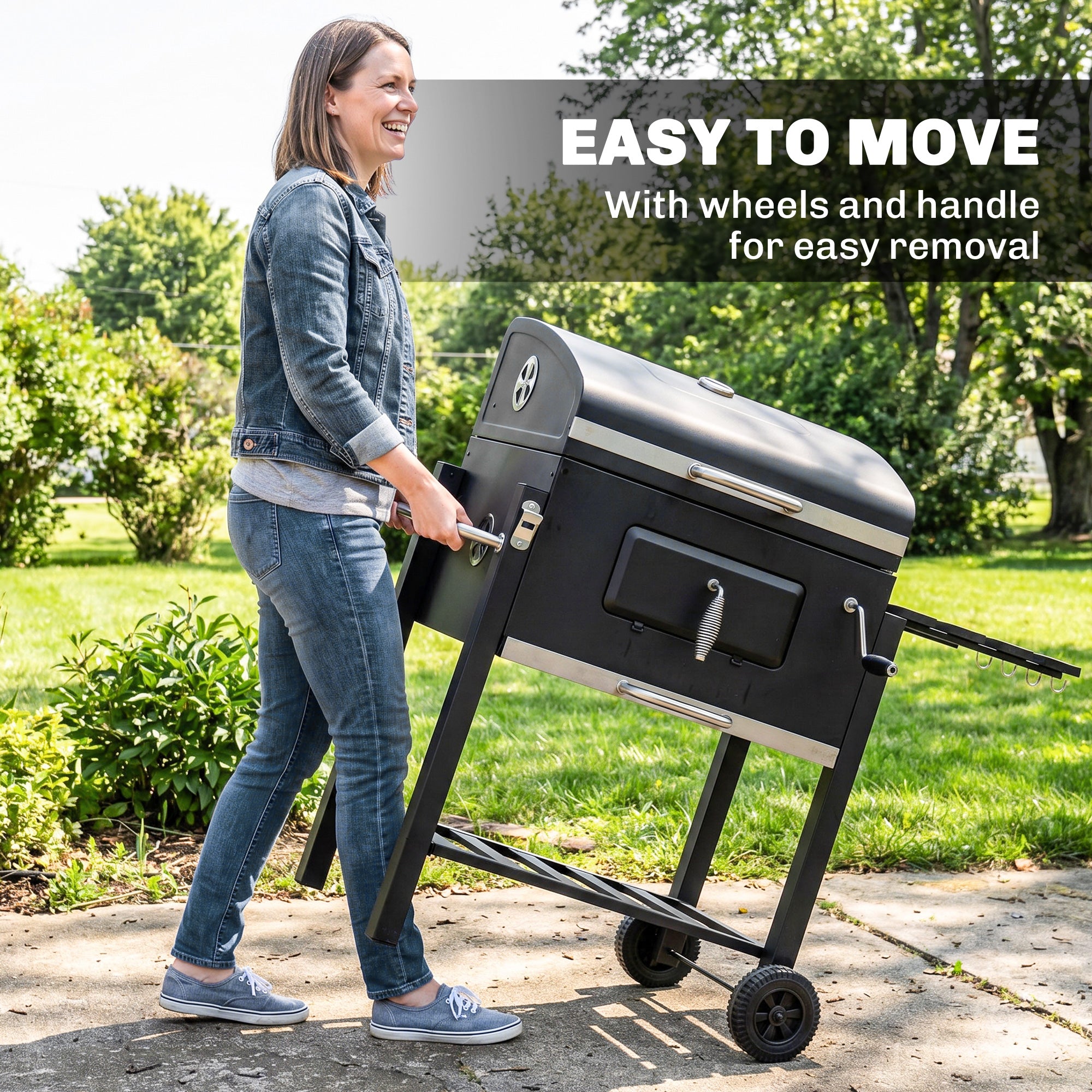 Charcoal BBQ Grill and Smoker Combo Outdoor Portable Trolley Camping Picnic Backyard with Side Shelf, Black