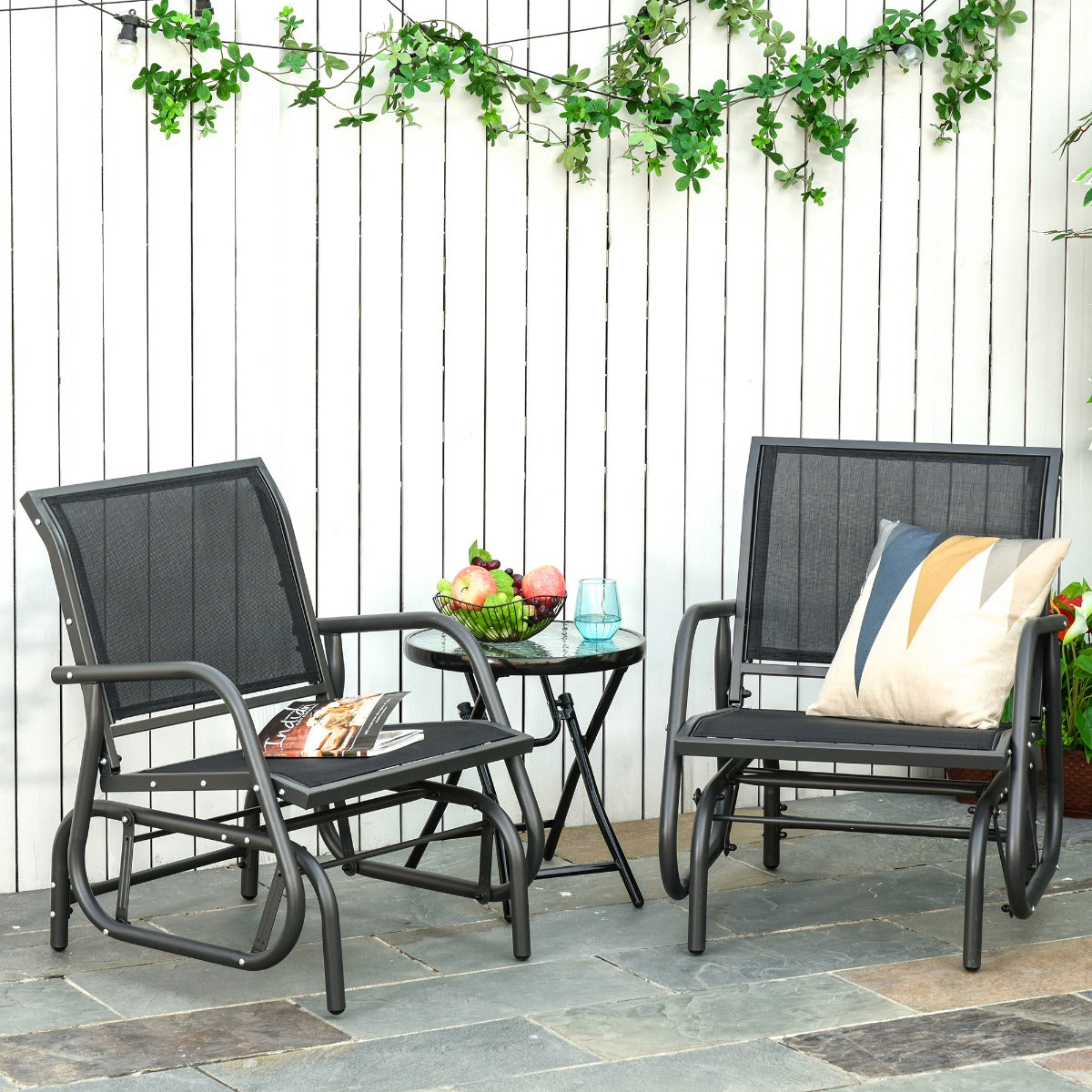 2-Piece Outdoor Glider Swing, Rocking Chair Set with Breathable Mesh Fabric, Sturdy Durable Frame, Curved Armrests, Supports Up to 264 lbs., for Backyard, Garden, Porch