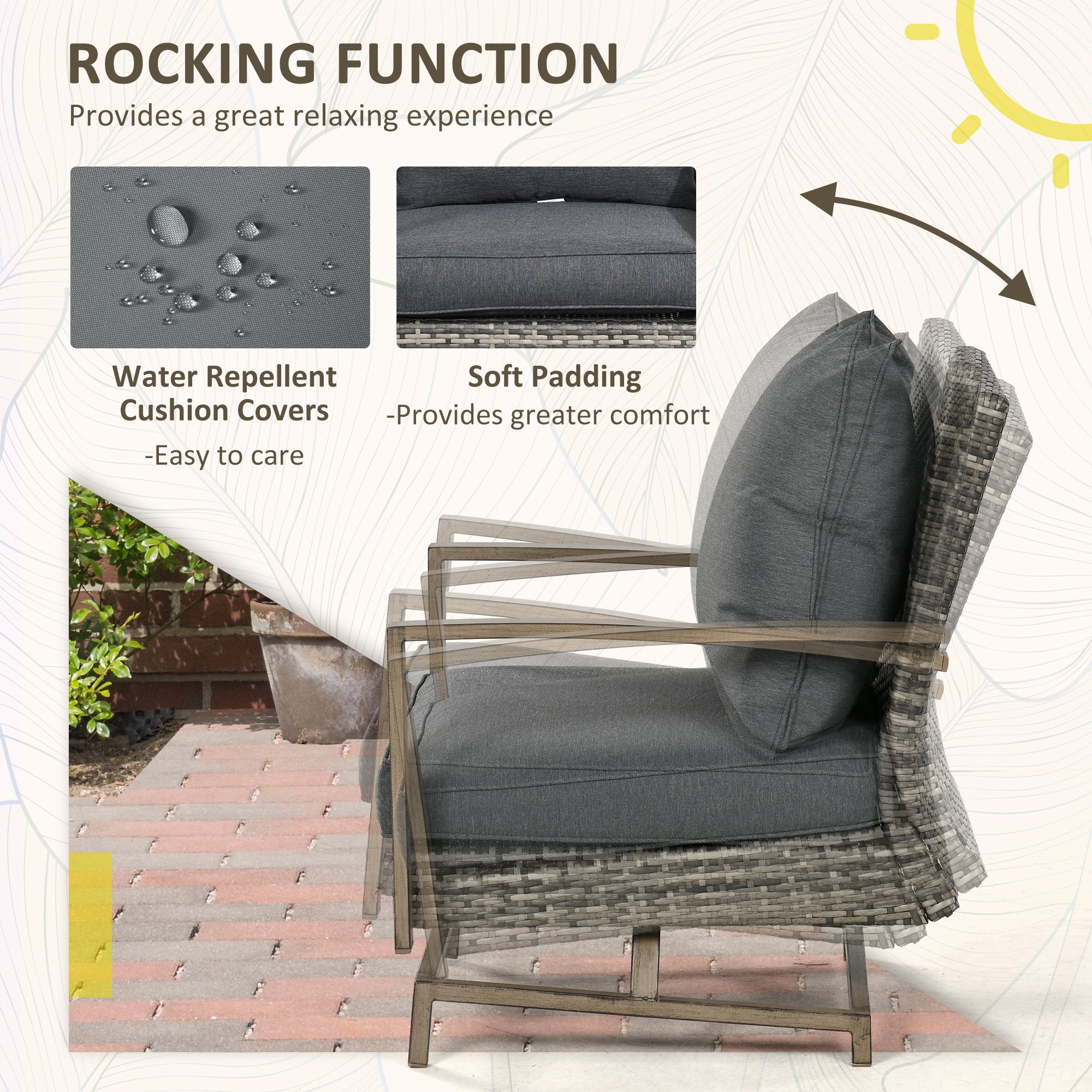 Patio Bistro Set, Porch Furniture with Soft Cushions and Rocking Function for Yard, Lawn, Porch, Dark Gray