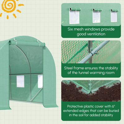 15' x 7' x 7' Walk-in Tunnel Hoop Greenhouse, Green House for Outside with PE Cover, Steel Frame, Roll-Up Zipper Door & Windows for Flowers, Vegetables, Tropical Plants, Green
