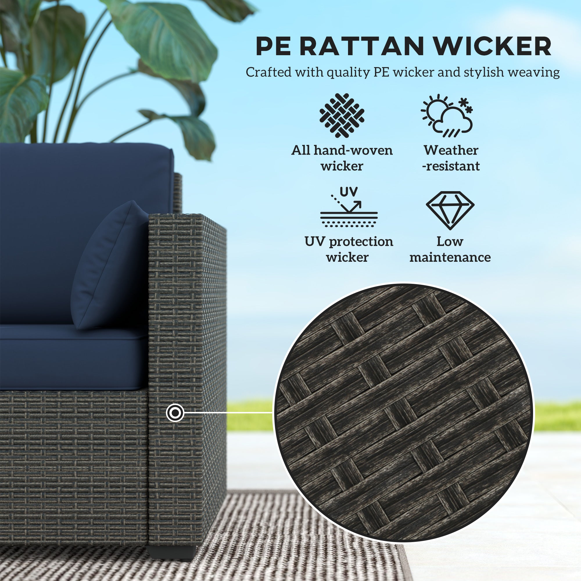 Patio Couch PE Wicker Deep Seating Outdoor Sofa with Removable Cushions, 3 Seater Rattan Sofa, Outdoor Furniture for Balcony, Deck, Garden and Poolside
