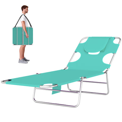 Tanning Chair with Face Hole, 5-Level Adjustable Outdoor Chaise Lounge Chair with Pillow for Beach, Pool