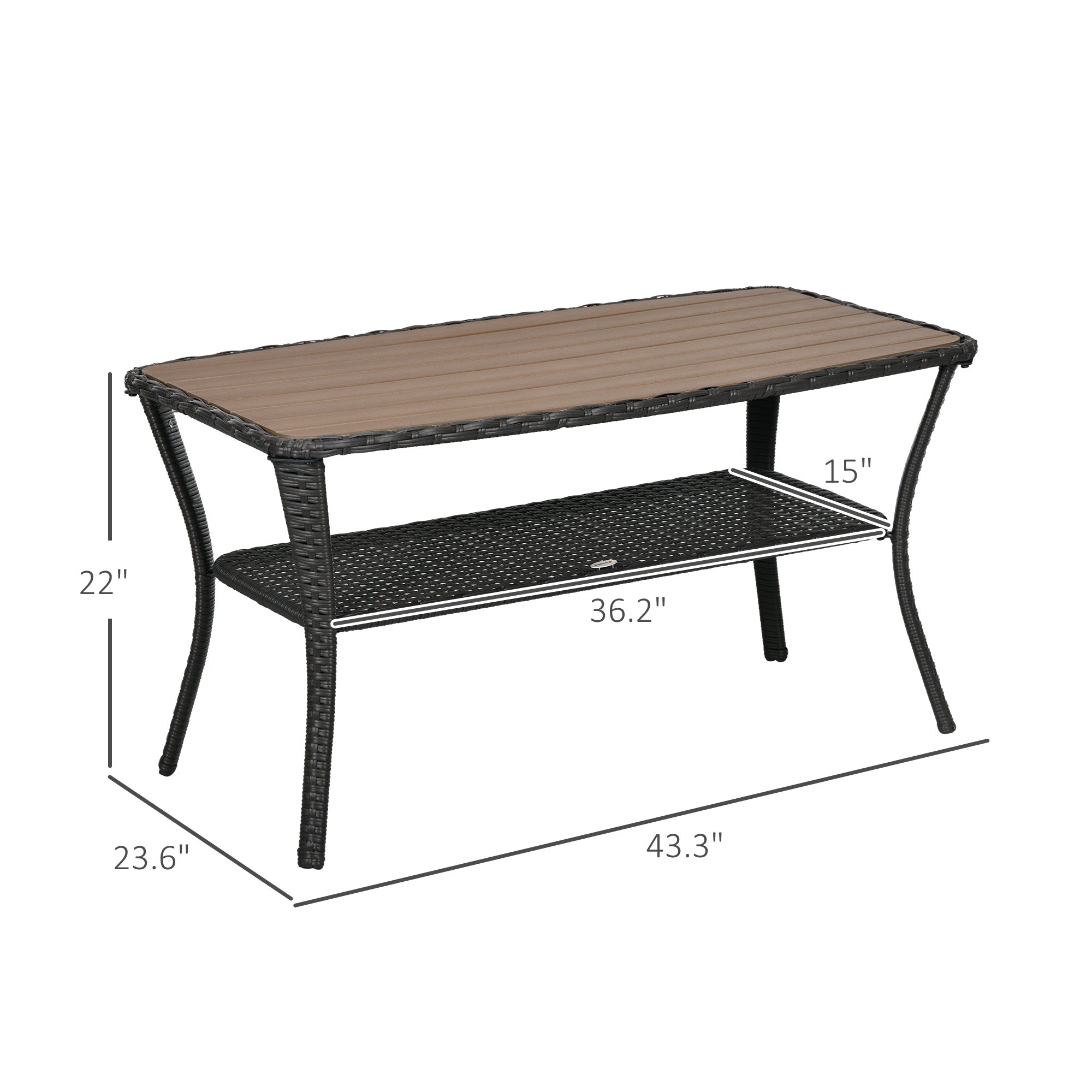 Outdoor Patio PE Rattan Coffee Table with Storage Shelf, Wicker Side Table with Wood-Plastic Composite Top, Mixed Brown
