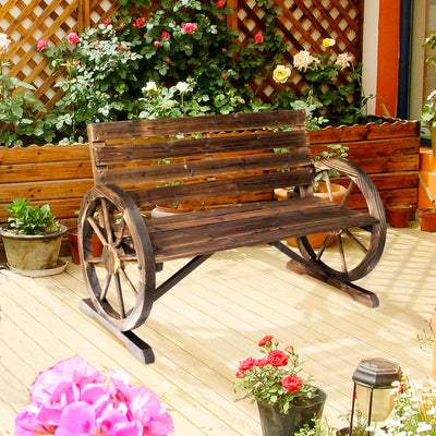 41" Wooden Wagon Wheel Bench, Rustic Outdoor Patio Bench Weather Resistance Furniture, 2-Person Slatted Seat with Backrest