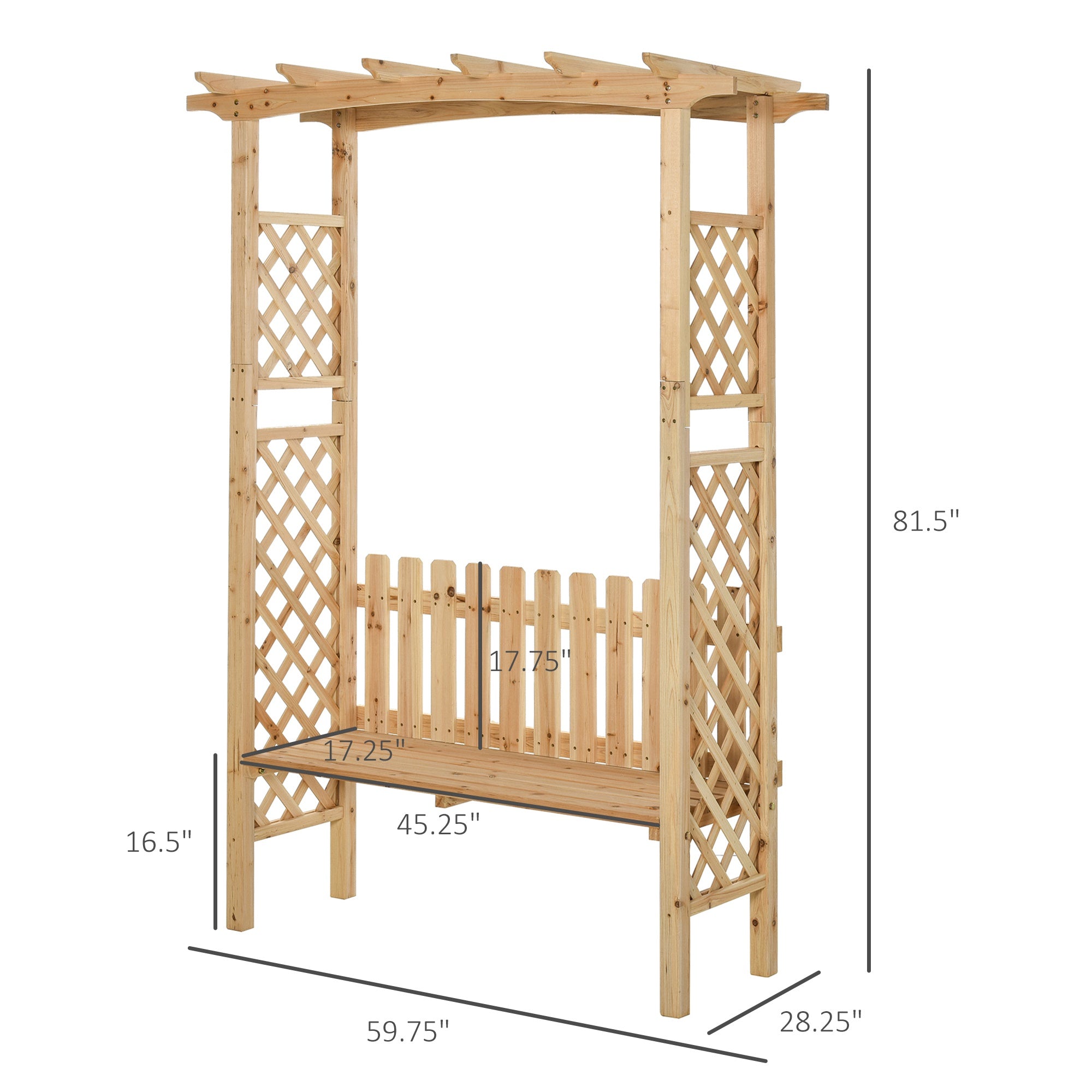 Outdoor Garden Bench Arch Pergola with Natural Fir Wood Build, Protective Varnish, & 2 Person Ergonomic Bench