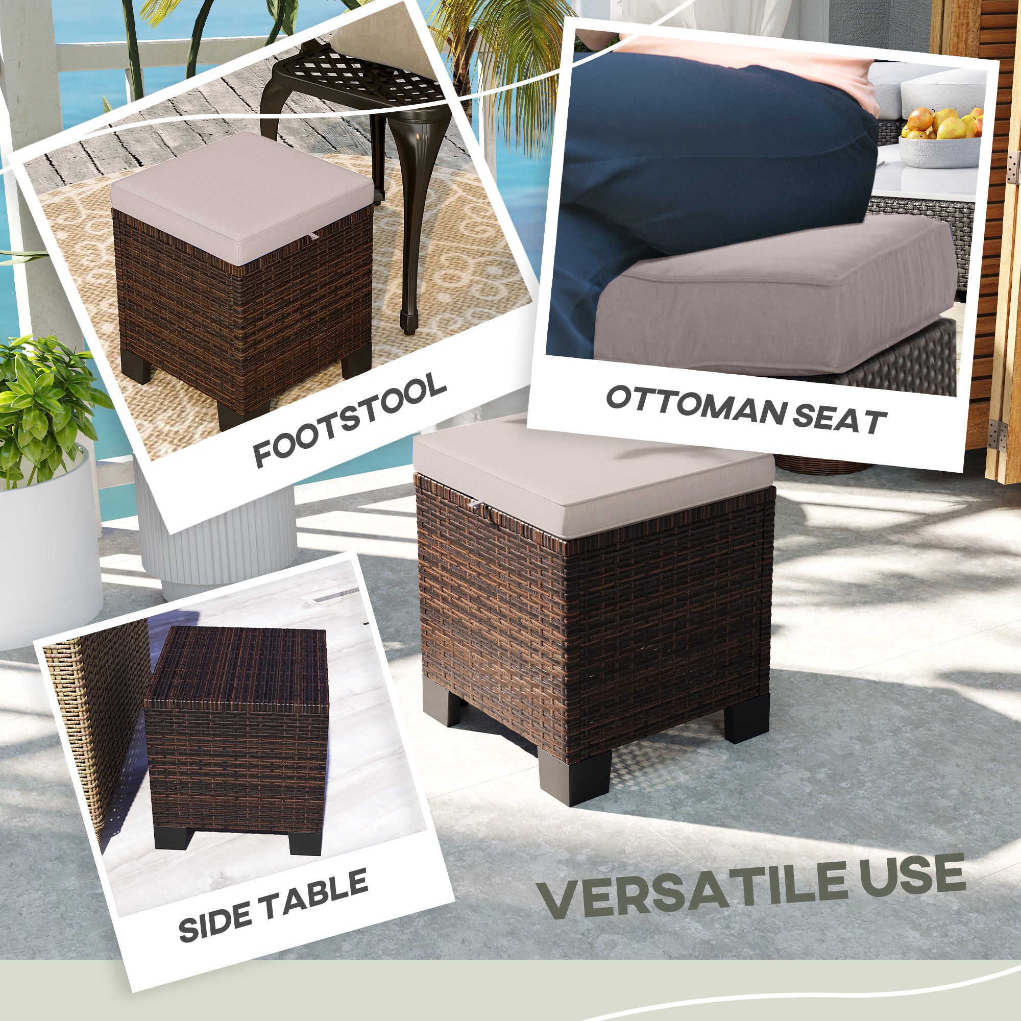 2 Piece Wicker Outdoor Ottomans with Cushions, Rattan Ottoman Footrest and Side Table for Patio, Yard, Poolside