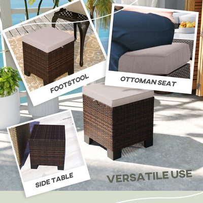 2 Piece Wicker Outdoor Ottomans with Cushions, Rattan Ottoman Footrest and Side Table for Patio, Yard, Poolside