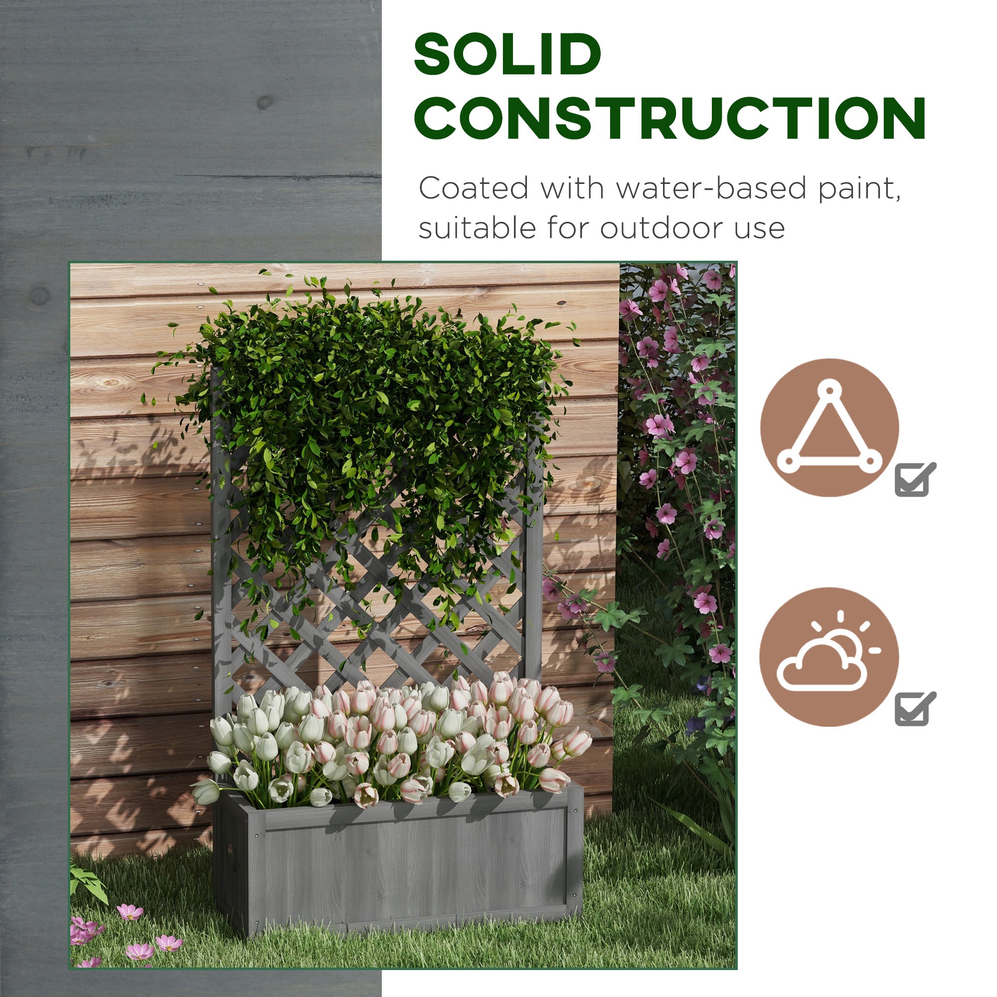 46" Wooden Planter with Trellis, Raised Garden Bed to Grow Vegetables, Herbs, Flowers for Backyard, Patio, Gray