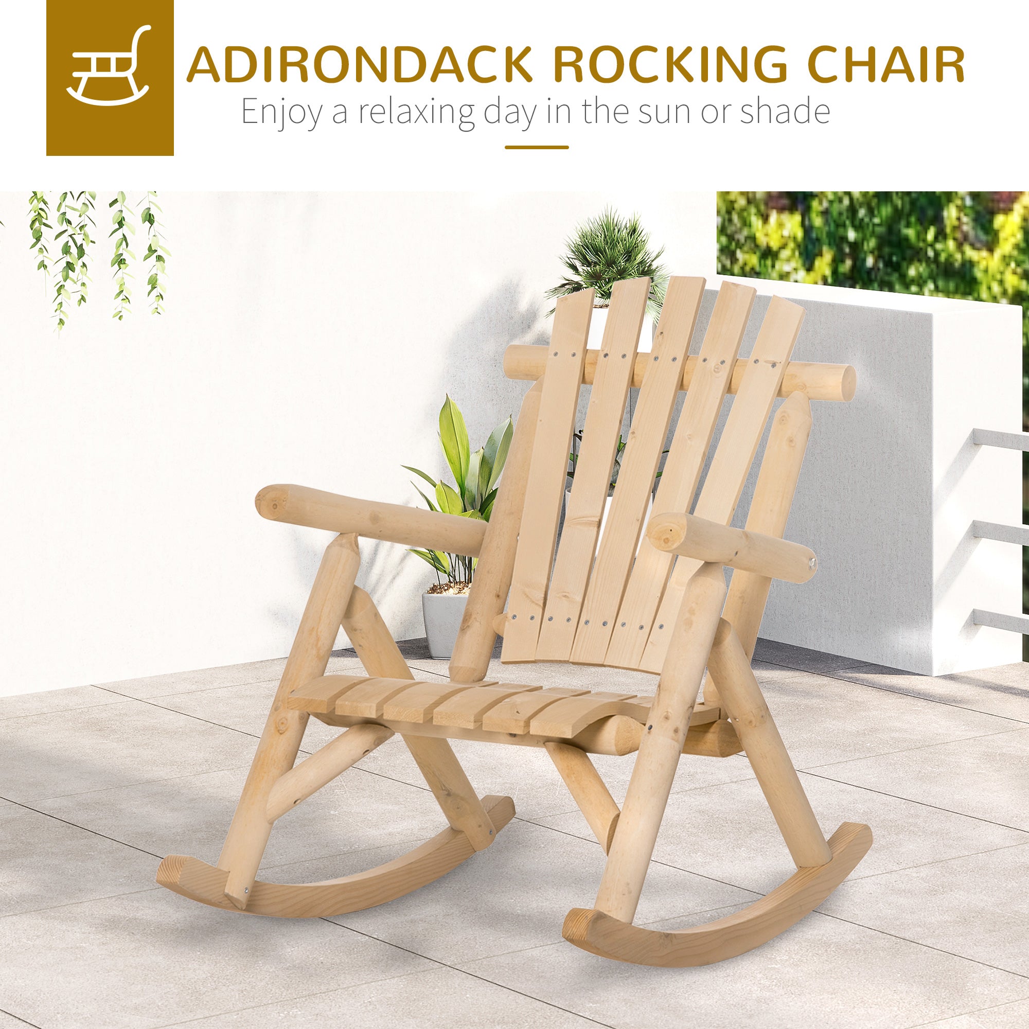 Outdoor Wooden Rocking Chair, Single-Person Rustic Adirondack Rocker with Slatted Seat, High Backrest, Armrests for Patio, Garden and Porch