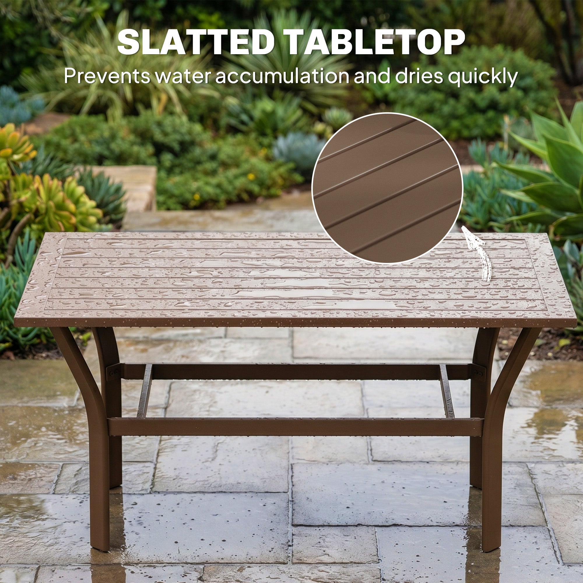 Outdoor Coffee Table with Slatted Tabletop, All-Weather Rectangle Metal Patio Coffee Table for Garden