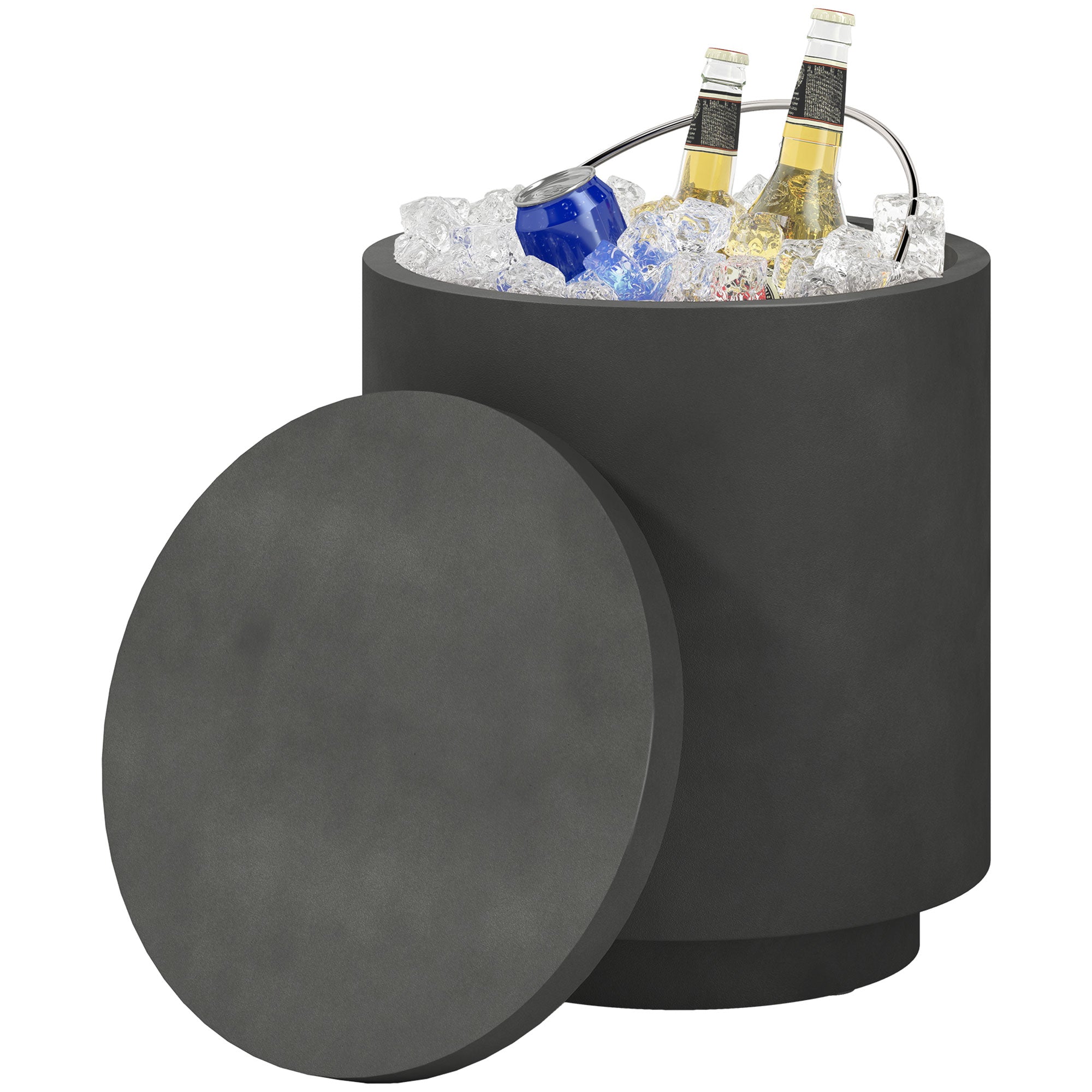 2.6 Gal Outdoor Side Table, 3-In-1 Concrete Cooler Bar Table with Storage, Removable Ice Bucket and Lid