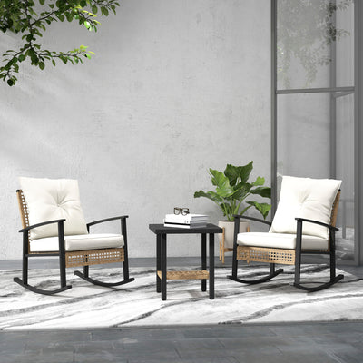 3 Pieces Bistro Set, Patio Wicker Furniture Set with Button Tufted Cushions, Rattan Rocking Chairs, Coffee Table