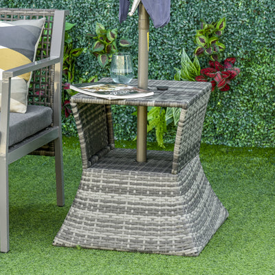 Outdoor Side Table with Umbrella Hole, 2 Tier Rattan Wicker End Table with Storage Shelf, All Weather for Patio, Garden, Backyard, Mixed Gray