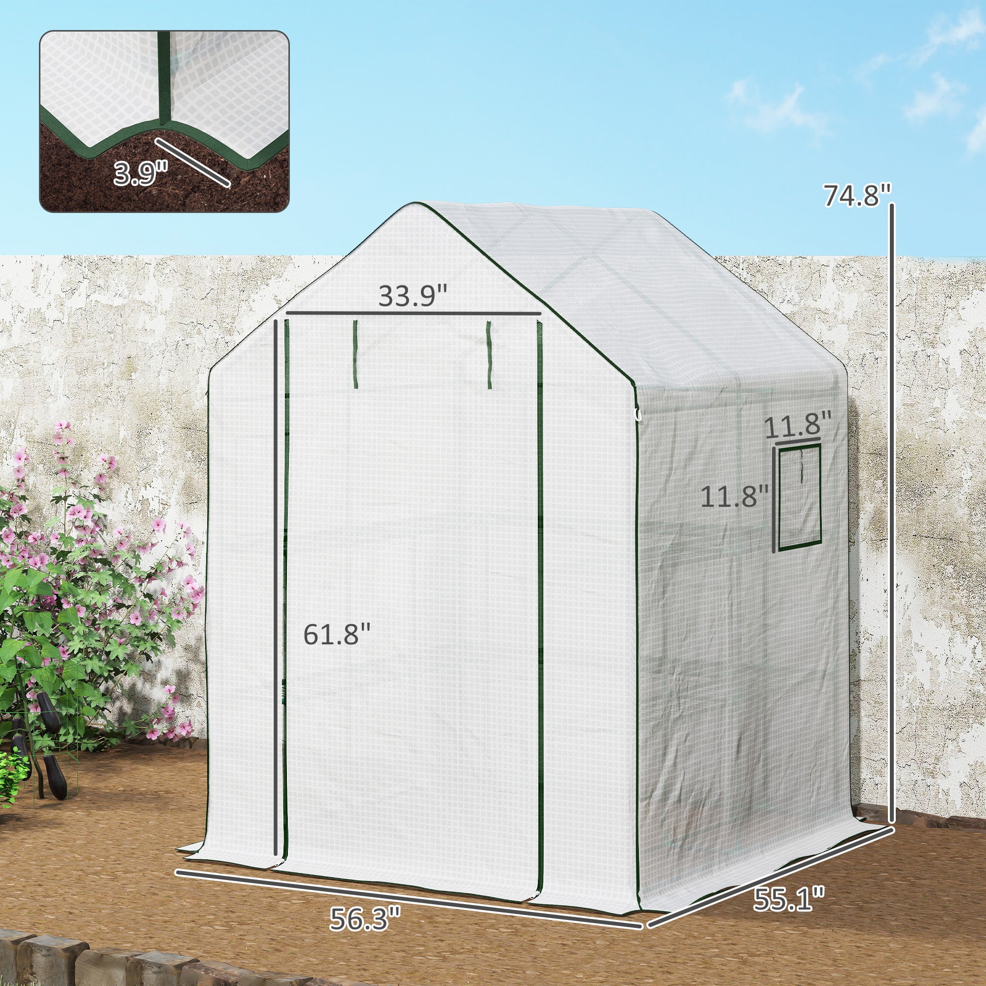 4.6' x 4.7' Portable Greenhouse, Water/UV Resistant Walk-In Small Outdoor Green House with 2 Tier U-Shaped Flower Rack Shelves, Roll Up Door & Windows