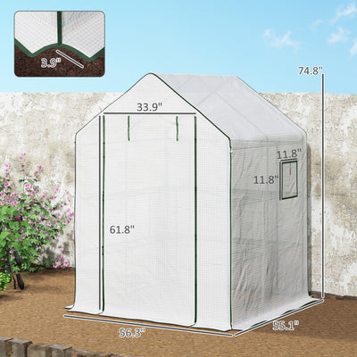 4.6' x 4.7' Portable Greenhouse, Water/UV Resistant Walk-In Small Outdoor Green House with 2 Tier U-Shaped Flower Rack Shelves, Roll Up Door & Windows
