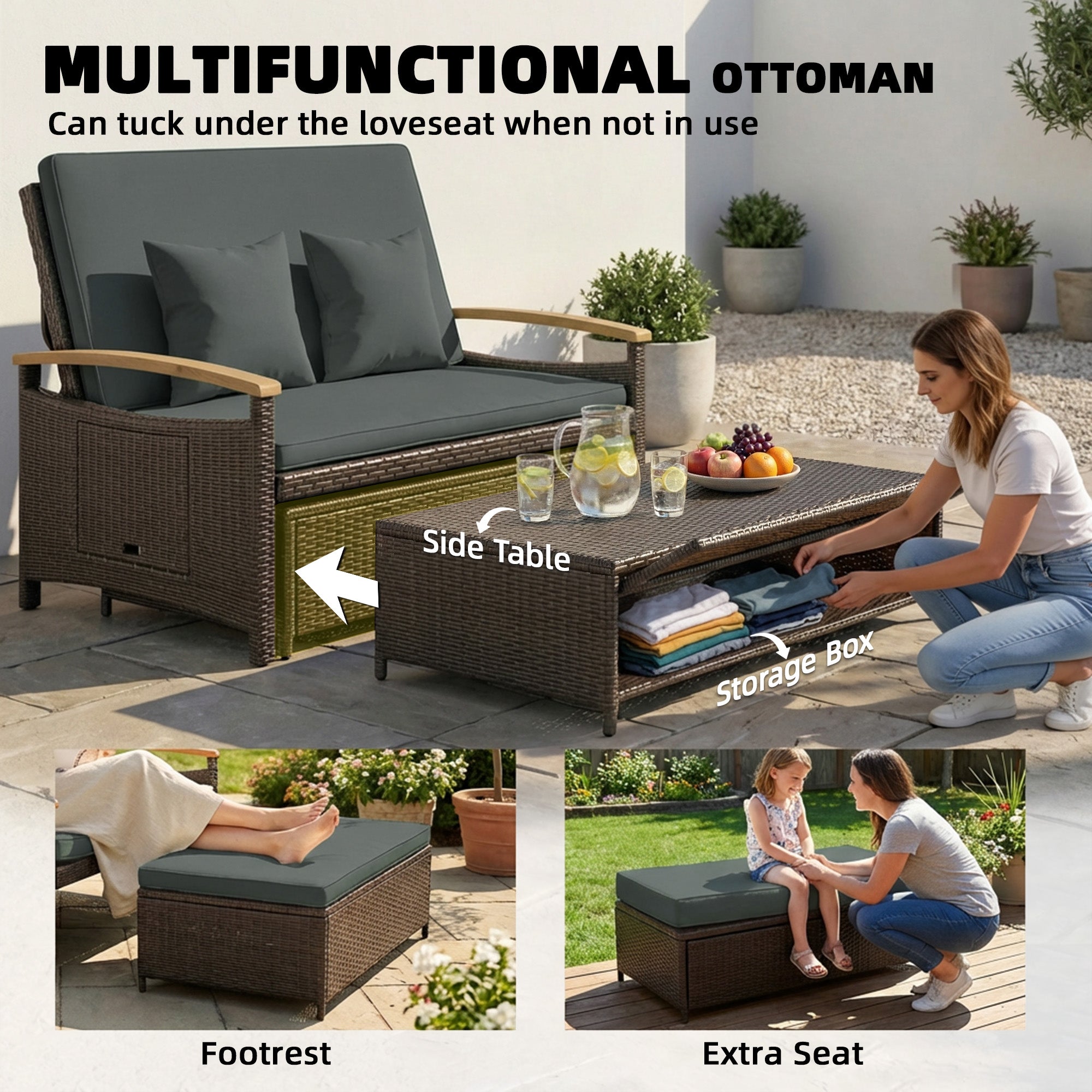Rattan Outdoor Daybed w/4-Level Adjustable Backrest, Patio Sofa Bed w/Storage Ottoman, Acacia Wood Armrest