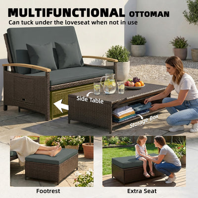 Rattan Outdoor Daybed w/4-Level Adjustable Backrest, Patio Sofa Bed w/Storage Ottoman, Acacia Wood Armrest