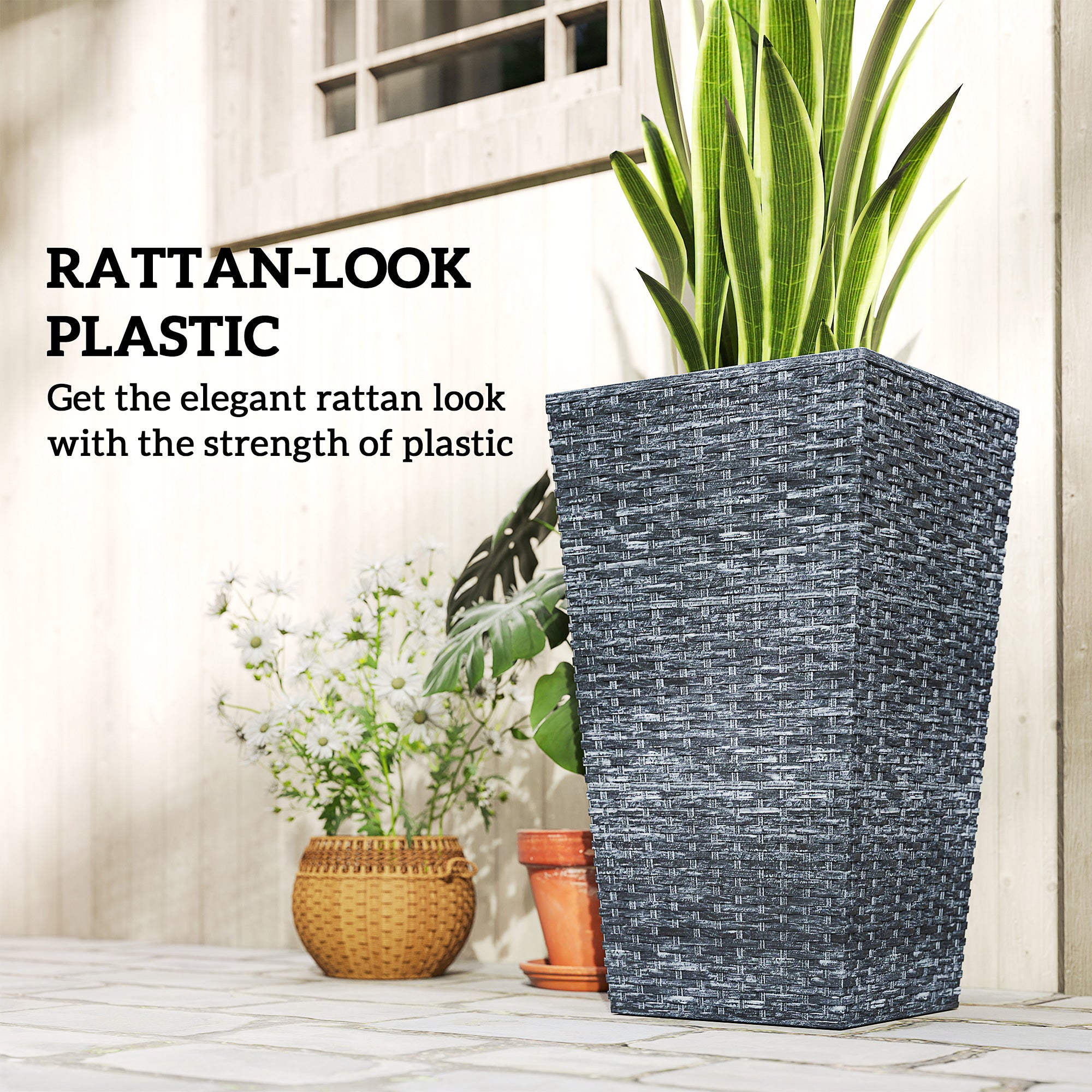 Set of 3 Tall Planters with Drainage Hole, 24" Outdoor Flower Plant Pots, Indoor Planters for Porch, Front Door, Entryway, Patio and Deck