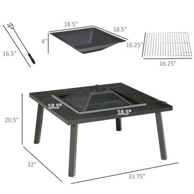34" Fire Pit with Grill, Metal Outdoor Wood Burning Firepit with Spark Screen, Fire Poker, Cover, Table Lip, Black