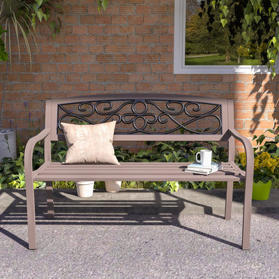 50" Outdoor Bench, Metal Garden Bench with Floral Pattern Backrest, Porch Bench with Slatted Seat for Park, Yard, Lawn, Brown