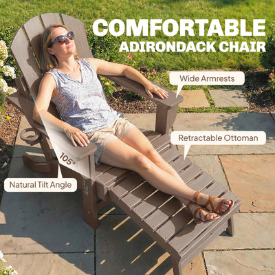 Folding Adirondack Chair Set of 2, HDPE Fire Pit Chair with Retractable Ottoman and Cup Holder