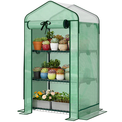 Mini Greenhouse with Screen Roof, Portable Small Greenhouse with Roll-Up Zipper Door, 27.6" x 19.7" x 50"