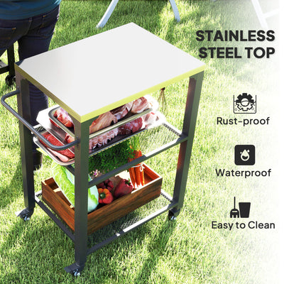 3-Shelf Outdoor Grill Cart with Stainless Steel Tabletop, Movable Pizza Oven Table with Hooks, Side Handle, Wheels