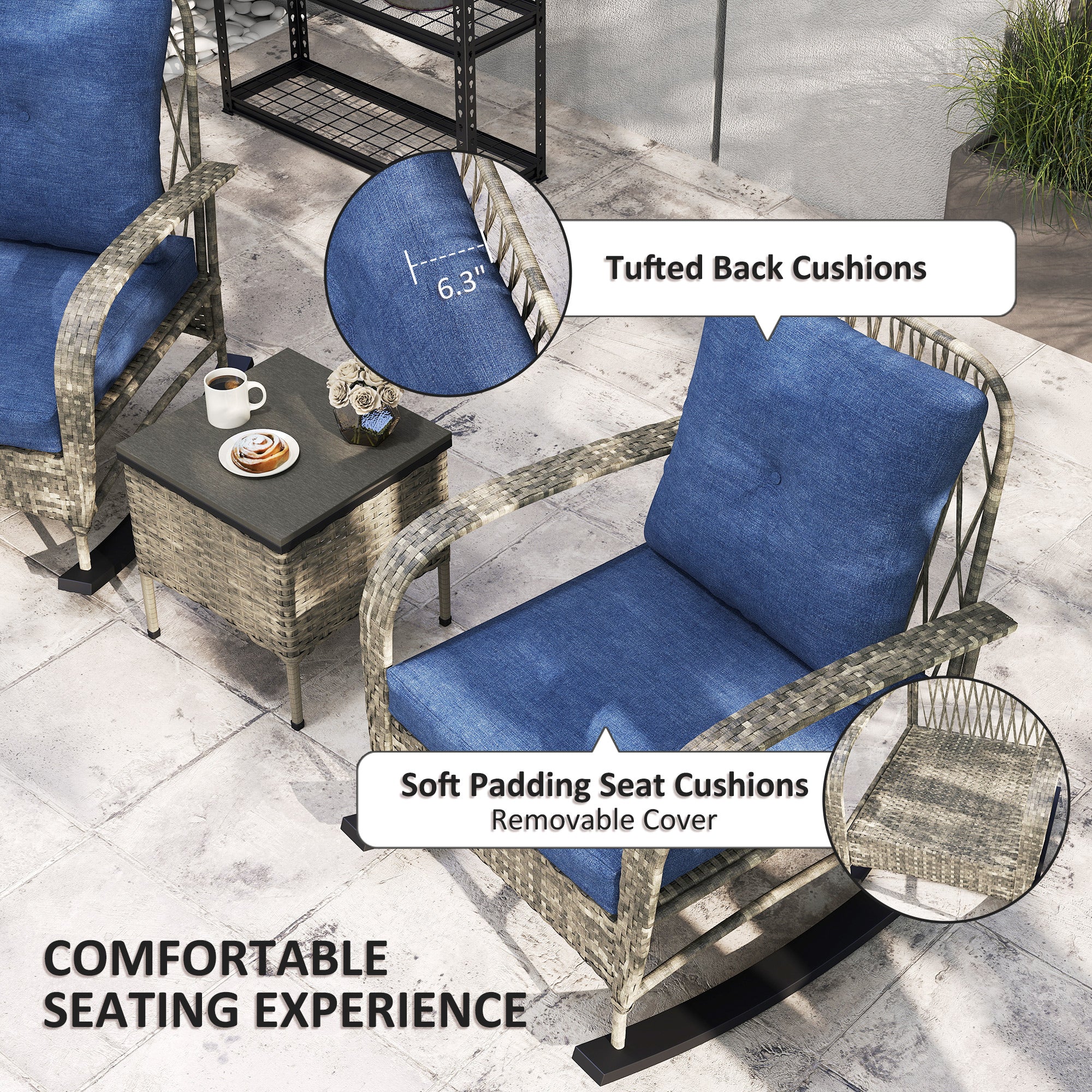 3 Piece Wicker Patio Furniture Set, Outdoor PE Rattan Rocking Chairs with Coffee Table, Cushions for Porch
