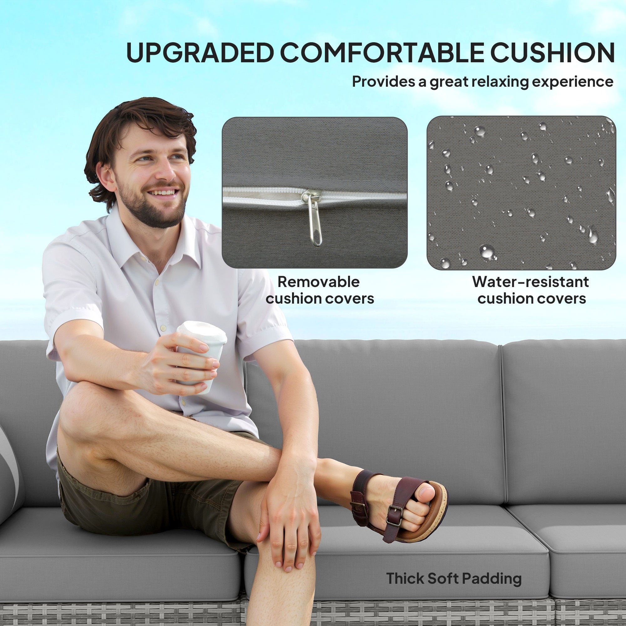 Patio Couch PE Wicker Deep Seating Outdoor Sofa with Removable Cushions, 3 Seater Rattan Sofa, Outdoor Furniture for Balcony, Deck, Garden and Poolside