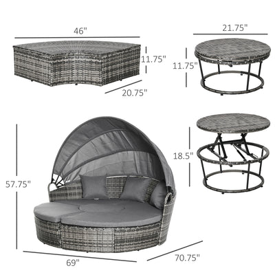 4 Piece Round Rattan Daybed, Convertible Patio Furniture Set, Adjustable Sun Canopy, Sectional Outdoor Sofa, 2 Chairs, Extending Tea Table Ottoman Chair, 3 Pillows, Gray