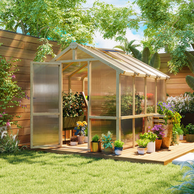 6.6 x 8 ft. Polycarbonate Greenhouse Wooden Walk-in Greenhouse Kit with Thickened Panels, Roof Vent, and Lockable Door