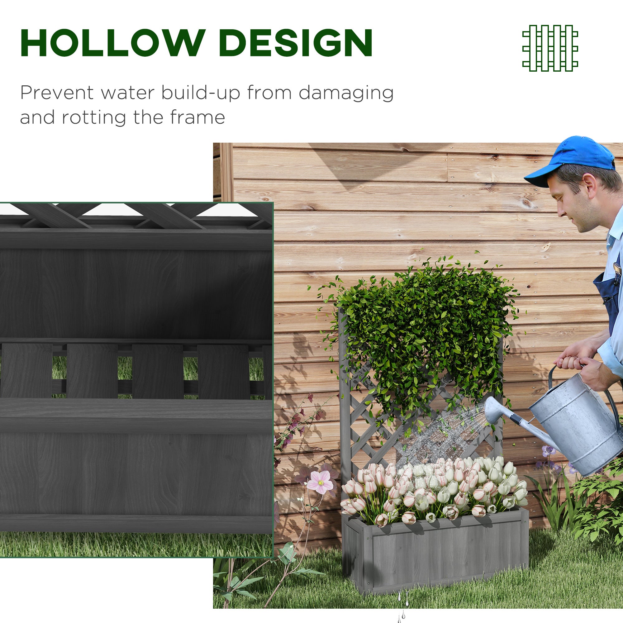 46" Wooden Planter with Trellis, Raised Garden Bed to Grow Vegetables, Herbs, Flowers for Backyard, Patio, Gray