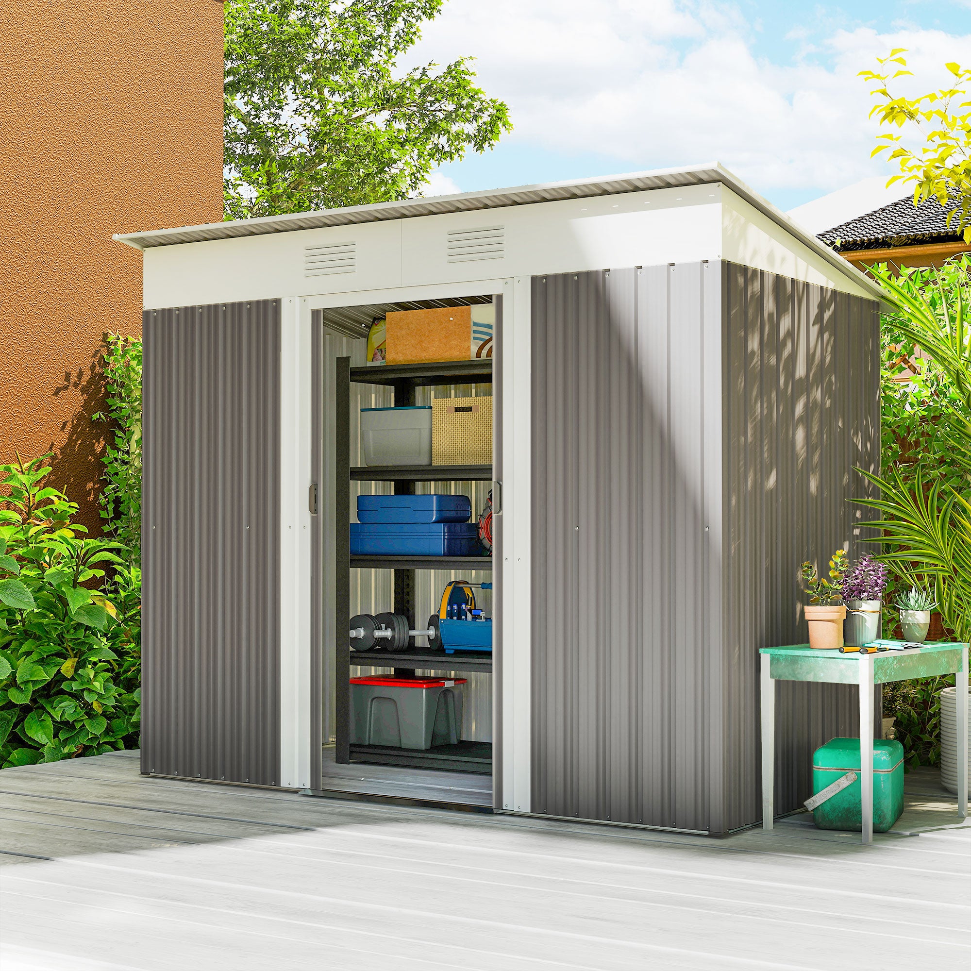 7' x 4' Metal Garden Shed, Backyard Tool Storage Shed with Dual Locking Doors, 2 Air Vents and Steel Frame, Light Gray