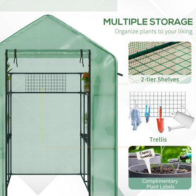 7' x 5' x 6' Walk-in Greenhouse for Outdoors with Mesh Door and Windows, 18 Shelf Hot House with Trellis, Plant Labels, UV Protective for Growing Flowers, Herbs, Vegetables, Saplings, Green